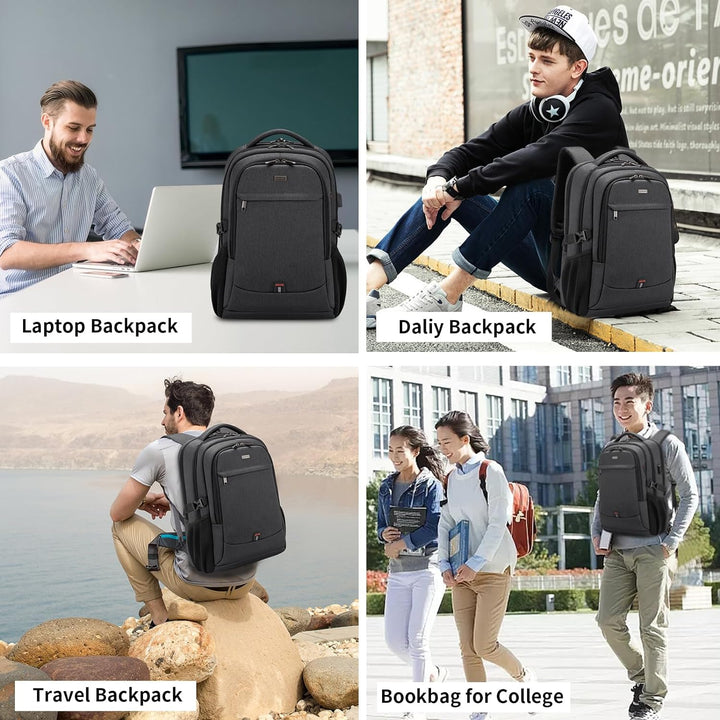 Everyday water-resistant commuter backpack, anti-theft, USB charging, comfortable & practical.