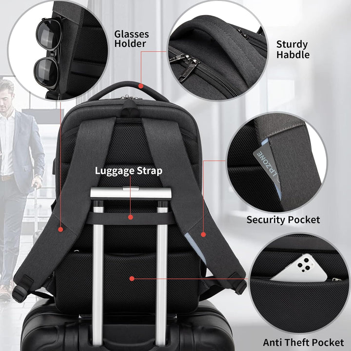Professional water-resistant laptop backpack, anti-theft, USB charging, for seamless travel.