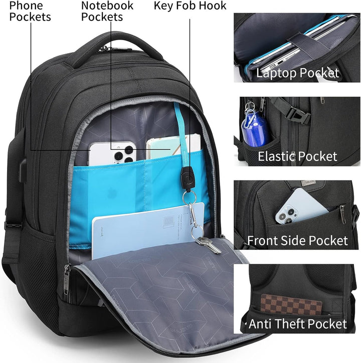 Unisex water-resistant college bag, anti-theft, USB charging, keeping devices powered.