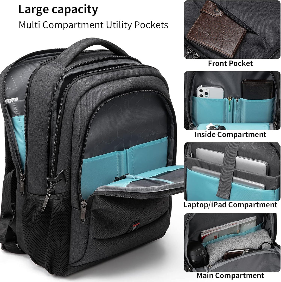 Organized unisex water-resistant backpack, anti-theft, USB port, with multiple compartments.