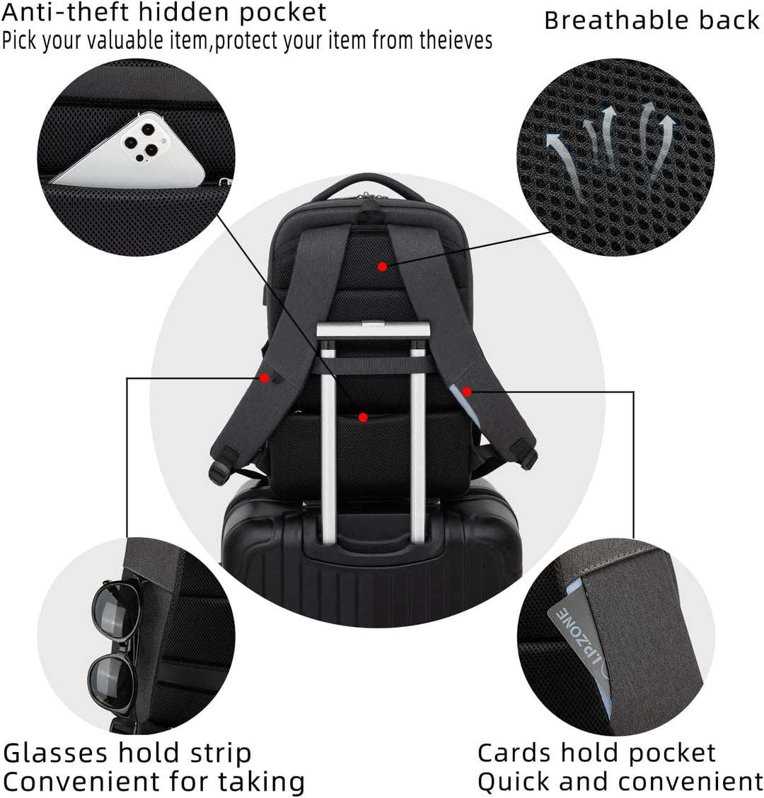Durable unisex water-resistant laptop backpack, anti-theft, USB port, for long-term use.