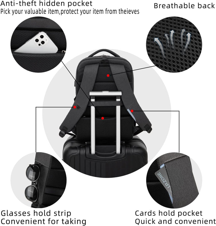 Durable unisex water-resistant laptop backpack, anti-theft, USB port, for long-term use.