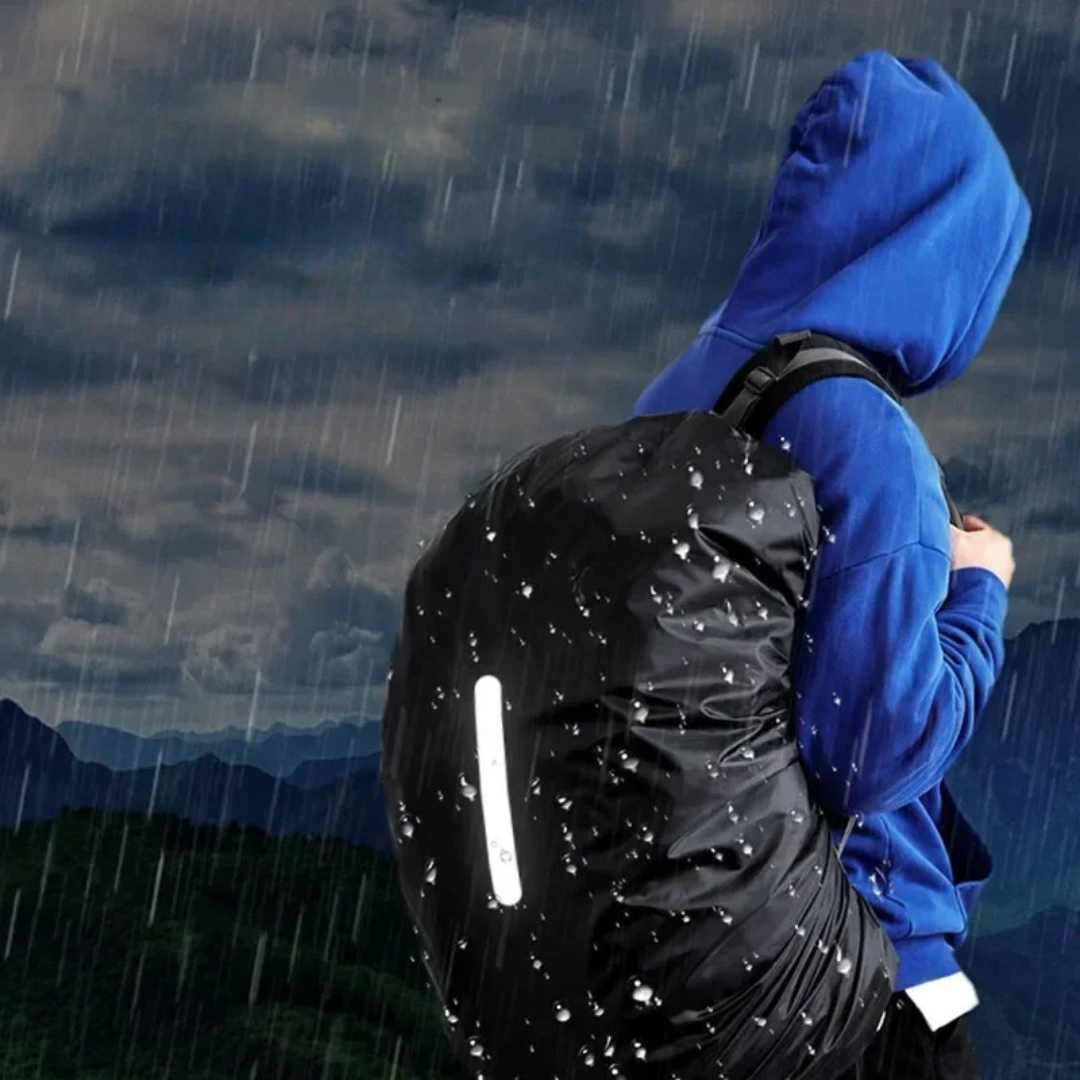 Reflective waterproof backpack cover for commuters. Adjustable, lightweight, keeps contents dry on daily trips.