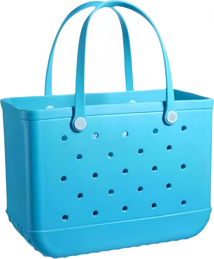 Large unisex beach basket, waterproof material and draining holes, keeps sand out.