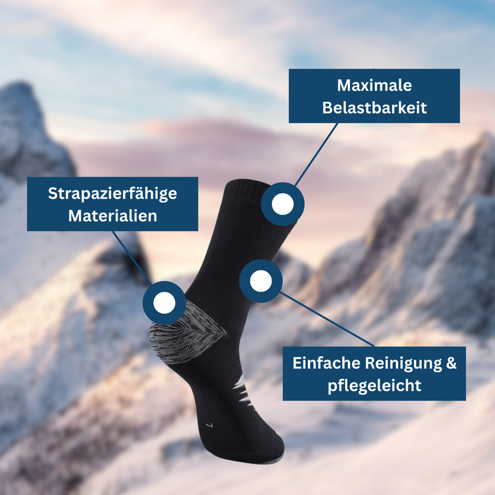 Model wearing black waterproof breathable outdoor socks with hiking boots, ready for adventure.
