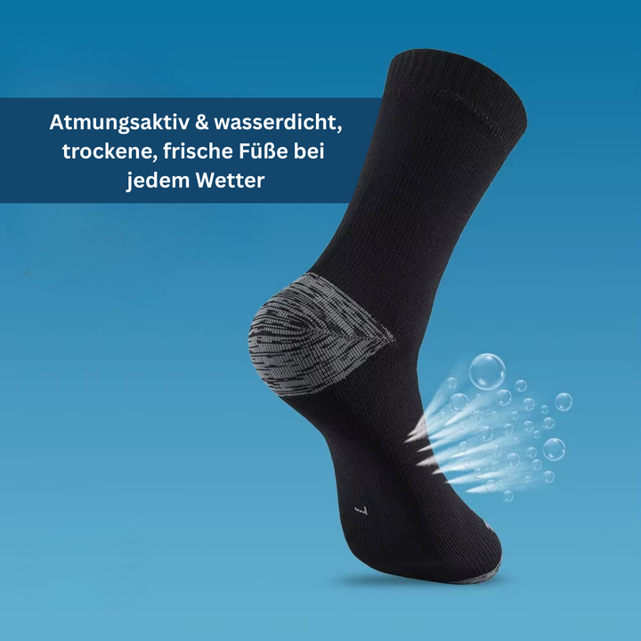 Stack of folded waterproof hiking socks in various colors, emphasizing their breathable design.