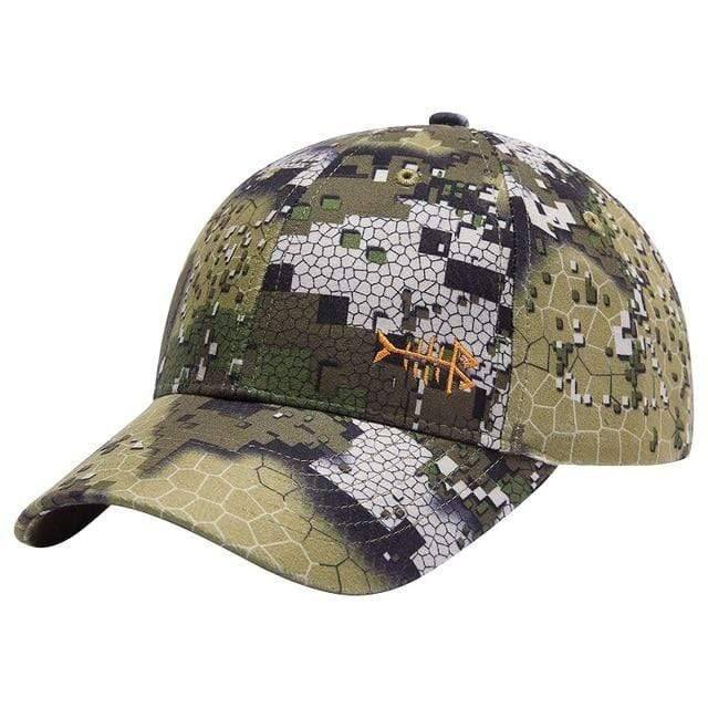 Front view of a versatile waterproof camouflage outdoor hat, sun protection, unisex