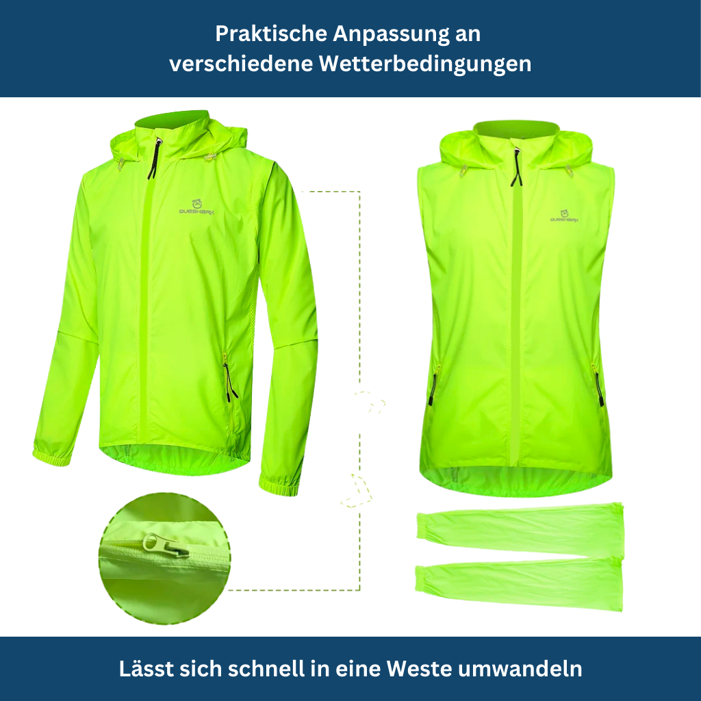 Close-up of a blue unisex waterproof rain jacket, showing reflective elements for cycling safety