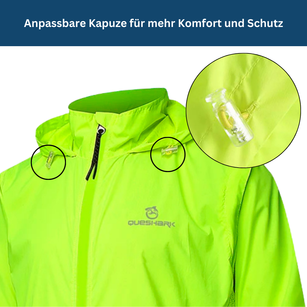 Lightweight unisex cycling rain jacket folded neatly, highlighting its packable and waterproof design