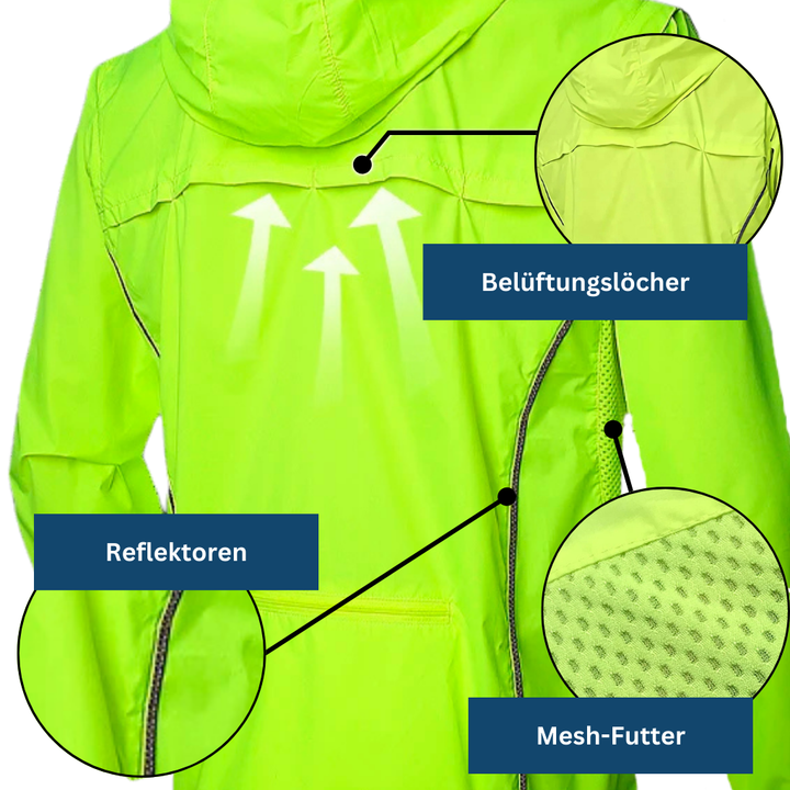 Model wearing a black unisex waterproof windbreaker jacket, perfect for cycling and outdoor activewear