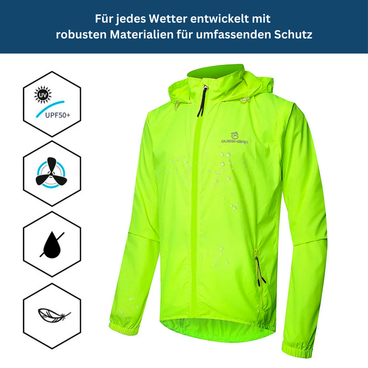 Detail of the breathable fabric of a unisex waterproof rain jacket, designed for comfortable cycling