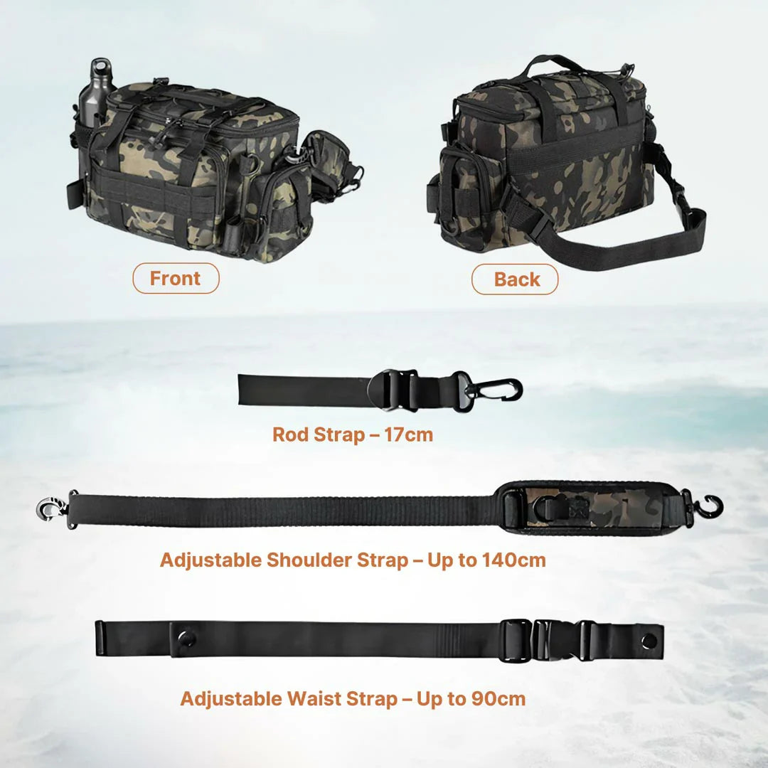 Waterproof tackle backpack, front pocket with various fishing lures visible