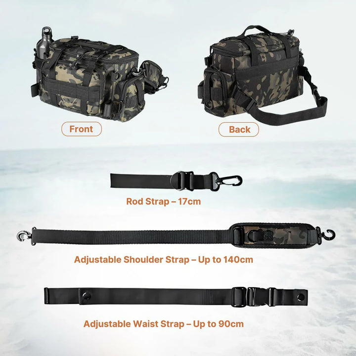 Waterproof tackle backpack, front pocket with various fishing lures visible