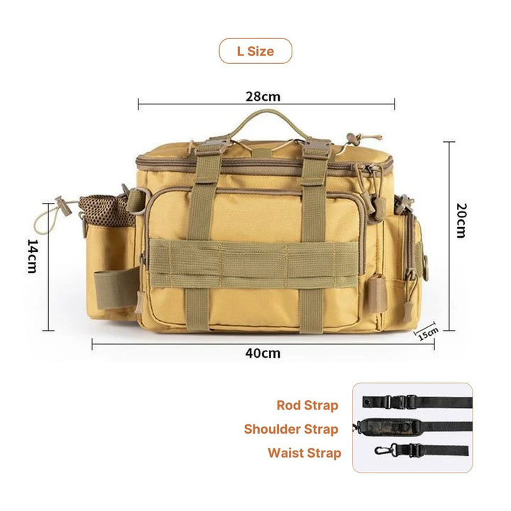 Angling waterproof bag, reflective strips for safety during low light conditions
