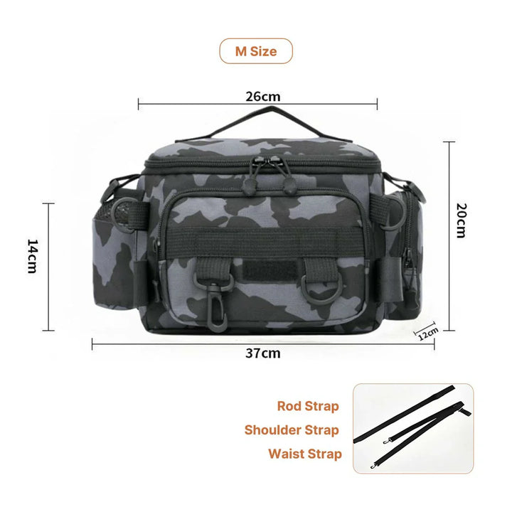 Waterproof fishing backpack, with a fisherman wearing it, enjoying outdoor activity