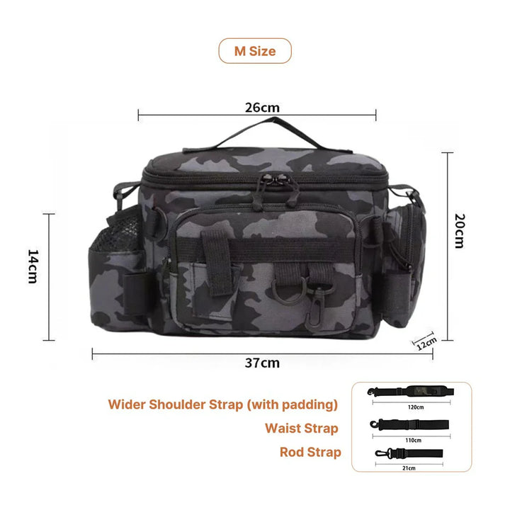 Angling tackle bag, unisex, showing high-capacity storage for extended trips