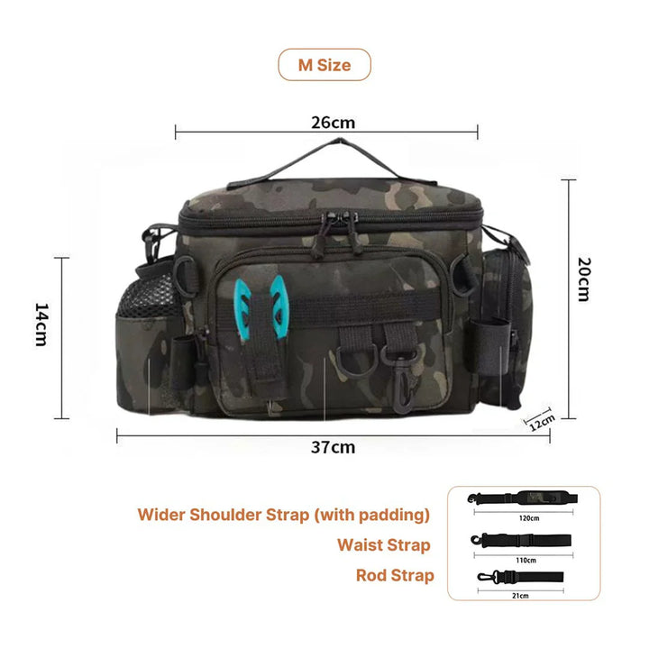 Outdoor equipment backpack, waterproof, integrated rod holders on the side