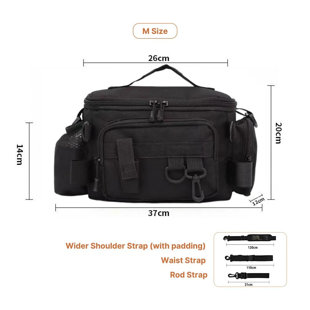 Unisex fishing backpack, close-up of buckle and strap system, secure fit