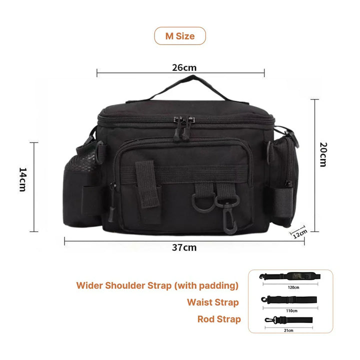 Unisex fishing backpack, close-up of buckle and strap system, secure fit