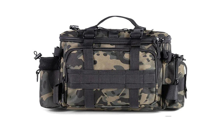 Waterproof tackle backpack, with a jig box and fishing line, organized gear