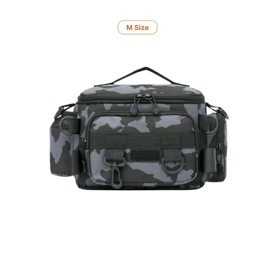 Angling waterproof backpack, camouflaged pattern for blending into nature