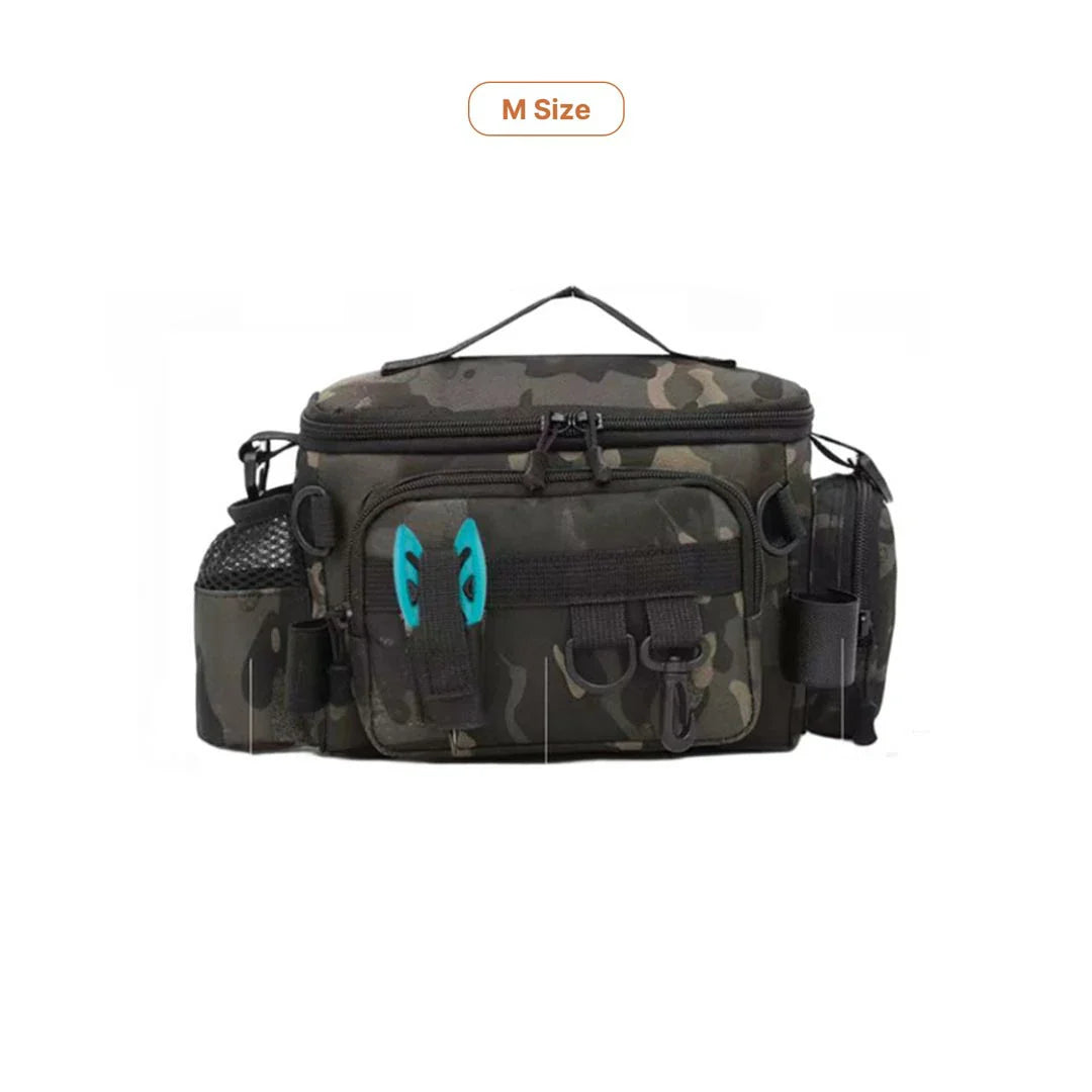 Fishing gear backpack, unisex, with a tackle box neatly stored inside compartment
