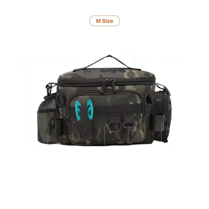Fishing gear backpack, unisex, with a tackle box neatly stored inside compartment