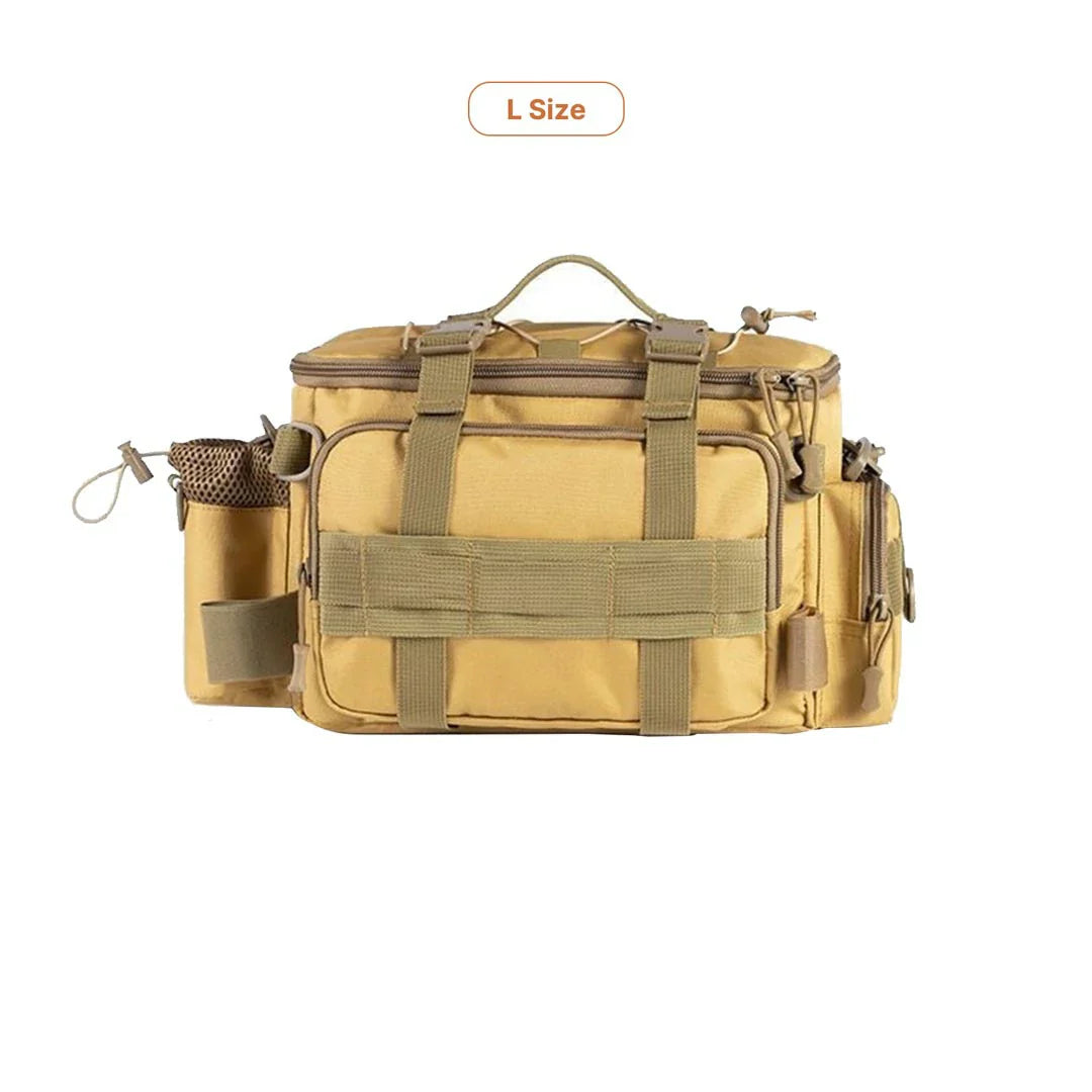 Unisex angling backpack, showing the included rain cover for extra protection