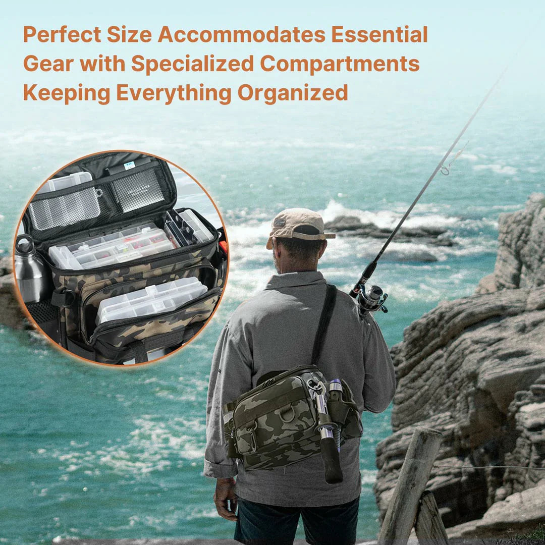 Fishing gear backpack, waterproof material, protects tackle from rain and splashes
