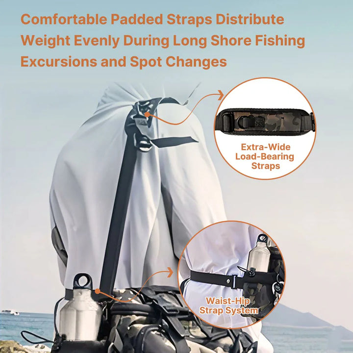 Outdoor equipment tackle bag, back view, padded straps for comfortable wear