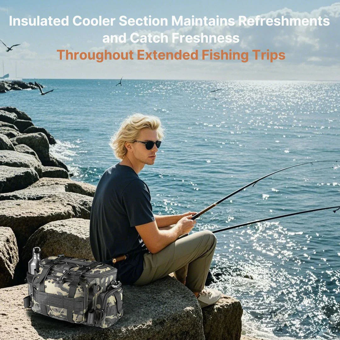 Fishing tackle backpack, unisex, with fishing rods attached, ready for adventure