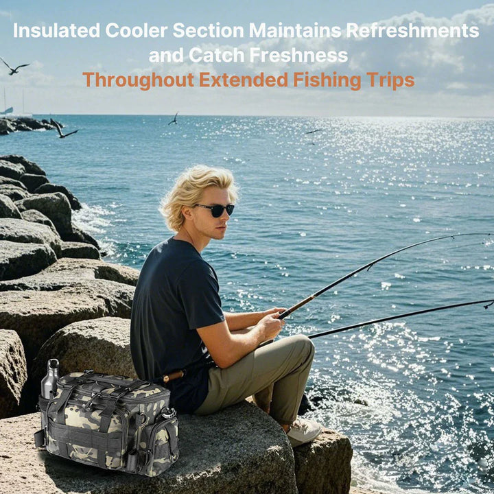 Fishing tackle backpack, unisex, with fishing rods attached, ready for adventure
