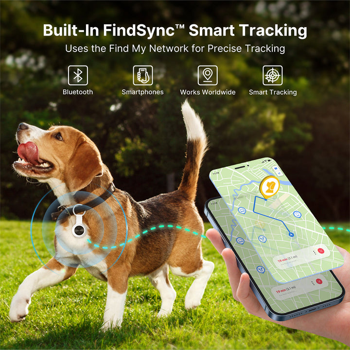 Smart pet GPS tracker, durable and waterproof, designed as a dog or cat tag for outdoor adventures.