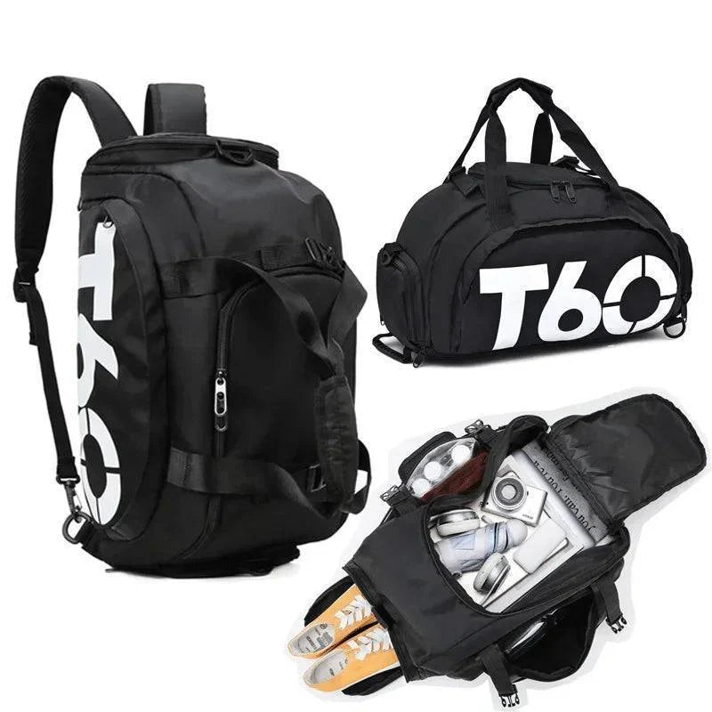 Unisex waterproof gym sports bag, black nylon duffel with large main compartment and side pockets