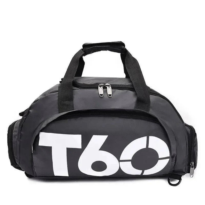 Waterproof sports bag standing upright, displaying its structured design and multiple handles