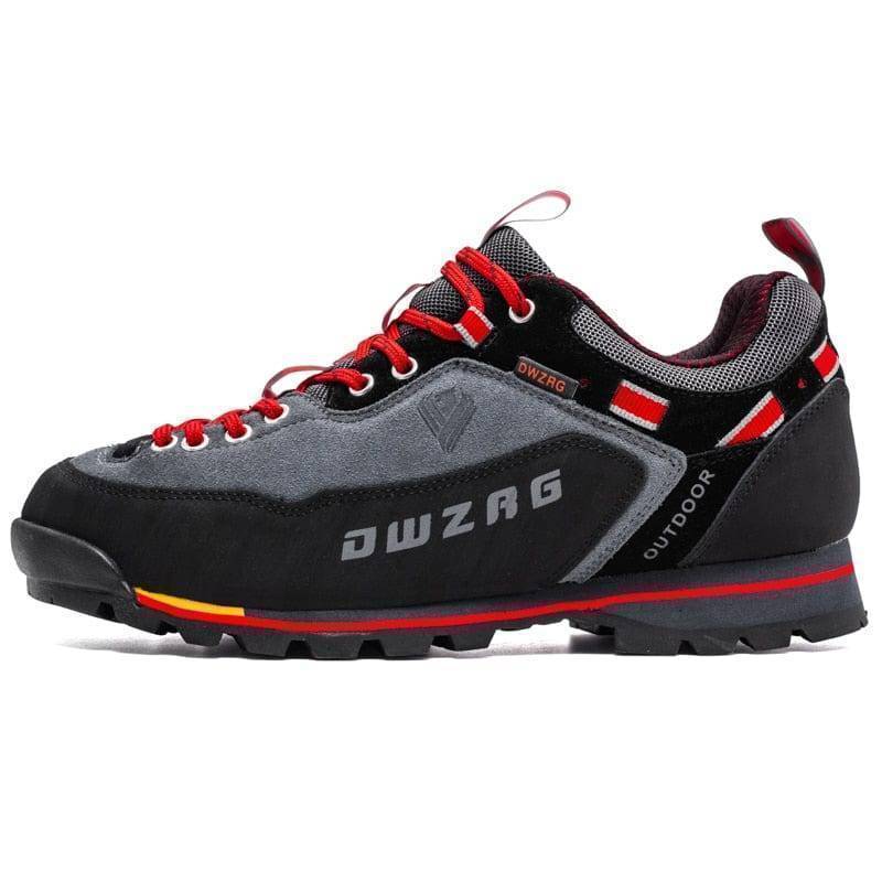 Detailed shot of the durable material on unisex outdoor trekking shoes, breathable fabric