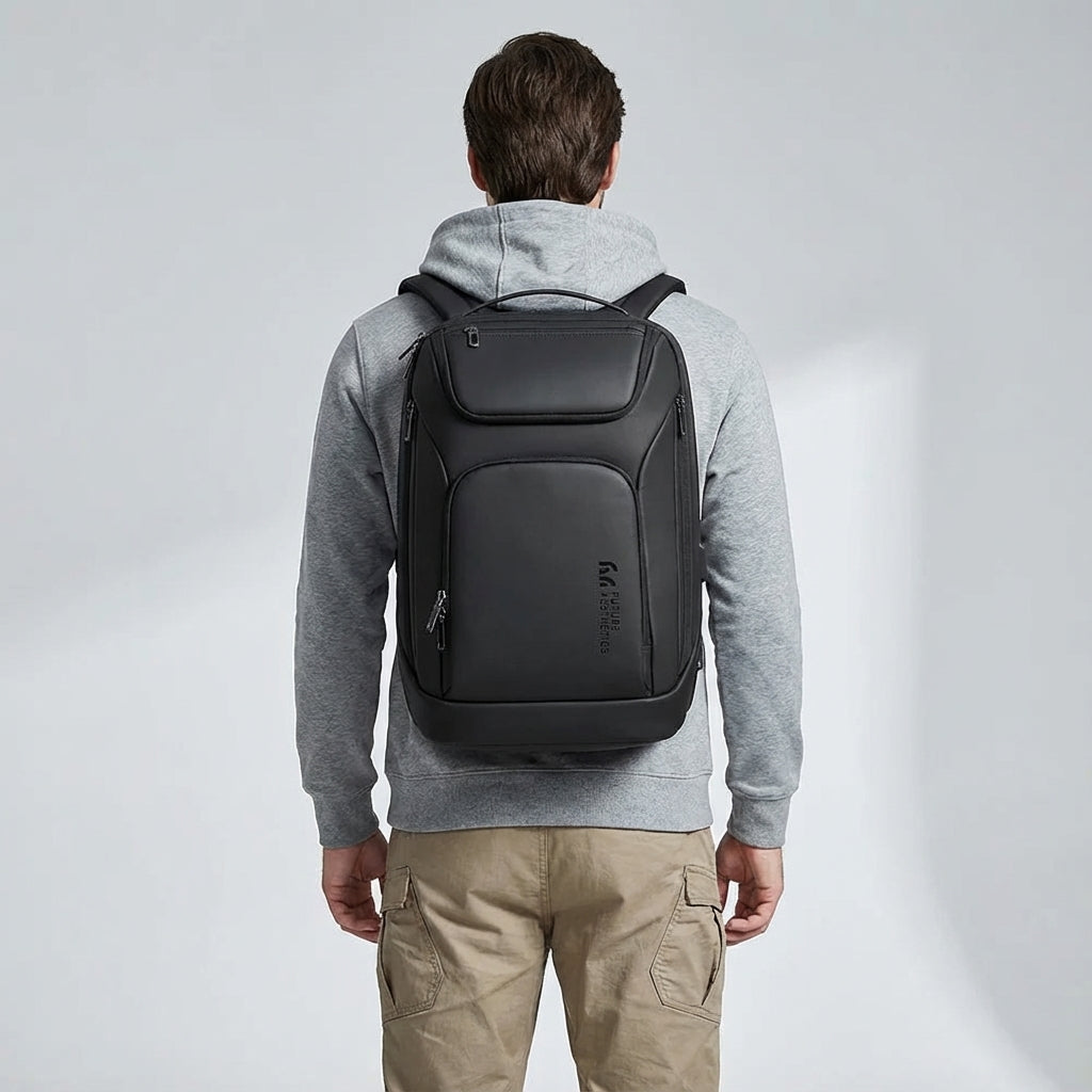 Open ChargeRover laptop backpack showing organized tech compartments, padded laptop sleeve, & secure pockets.