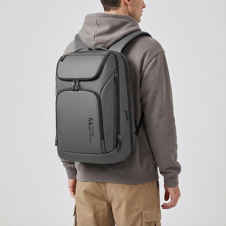 Detail of the waterproof material of the ChargeRover laptop backpack, ensuring protection for electronics in any weather.