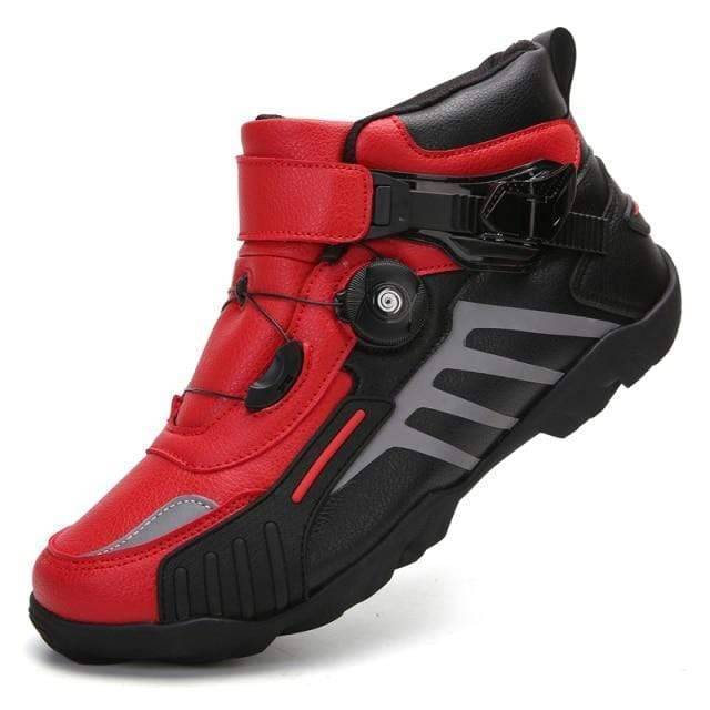 Front view of black motorcycle shoes, protective and suitable for all-season off-road riding gear