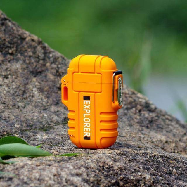 Outdoor rechargeable lighter, versatile for survival gear & everyday use, in a natural setting