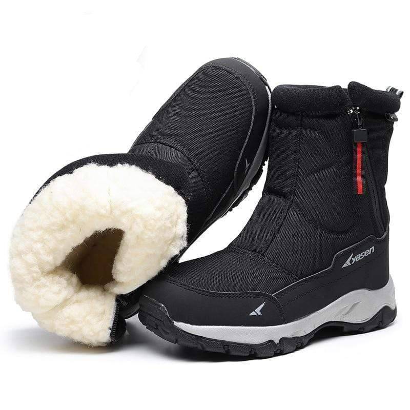 Side profile of unisex waterproof winter snow boots with plush lining and zip closure.
