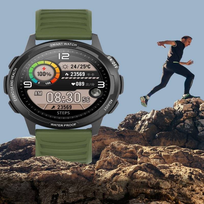 Unisex waterproof smartwatch with black silicone band, alloy case, and health/fitness tracking features.