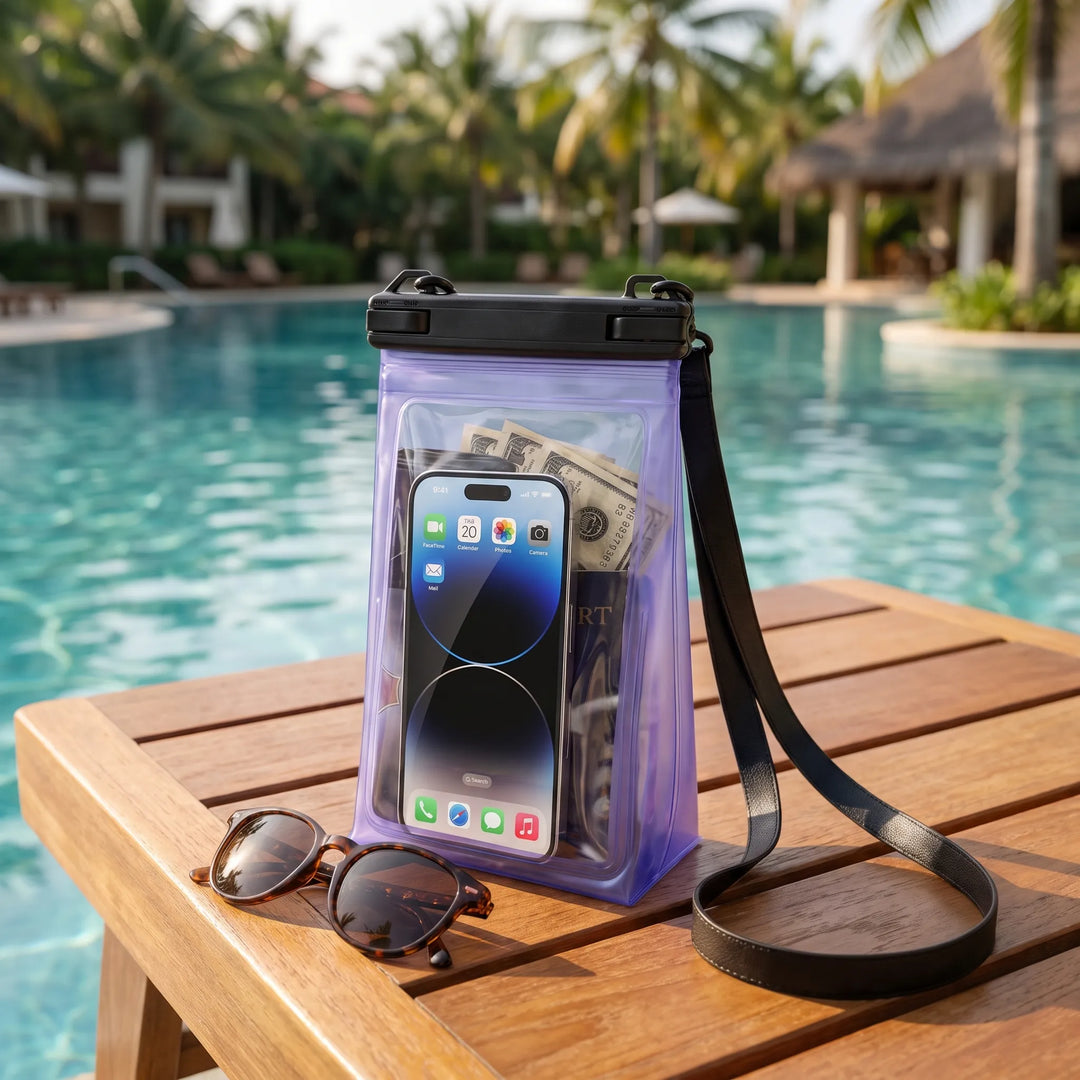 Unisex waterproof touchscreen phone pouch & essentials bag. Ideal for travel, beach, & water sports.