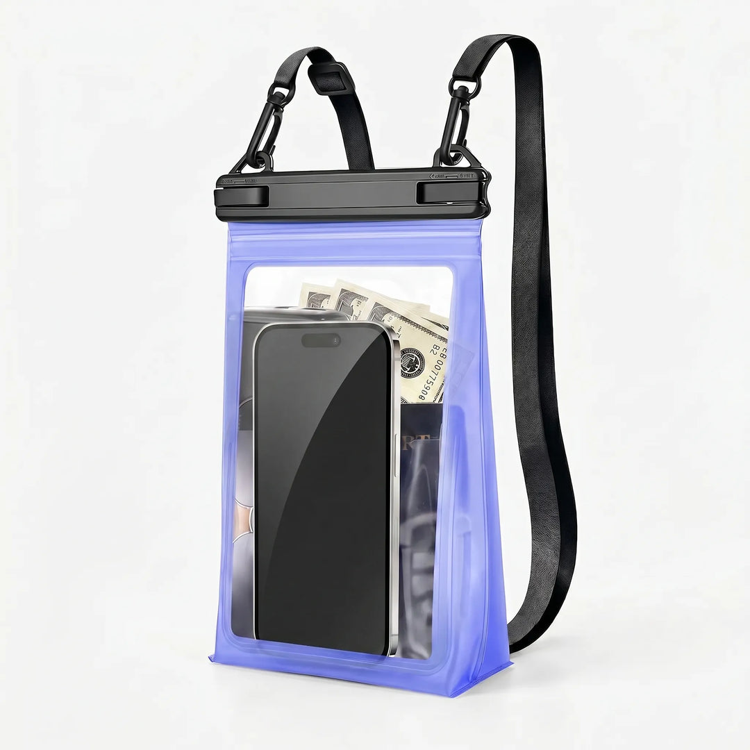 Clear waterproof dry pouch for smartphone & essentials, perfect for outdoor adventure & gadget protection.