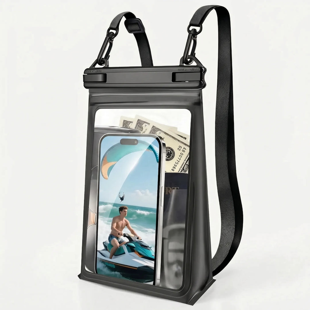 Secure unisex waterproof phone holder & essentials dry bag. Keep gadgets safe during travel & outdoor activities.