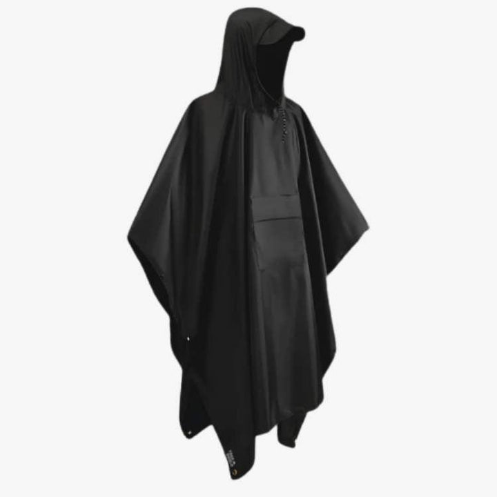 Unisex waterproof trekking poncho for hiking, fully extended, showing hood and full coverage.