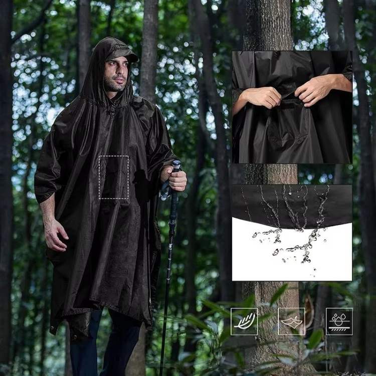 Packable trekking poncho in its stuff sack, highlighting its compact size for camping and survival.