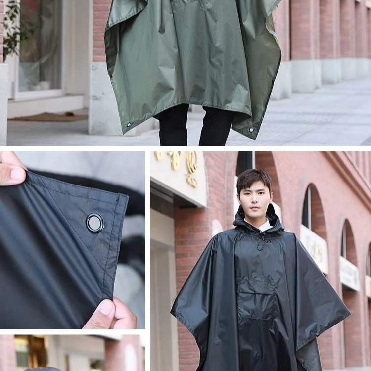 Model wearing a unisex waterproof poncho during a rainy hike, demonstrating rain gear effectiveness.