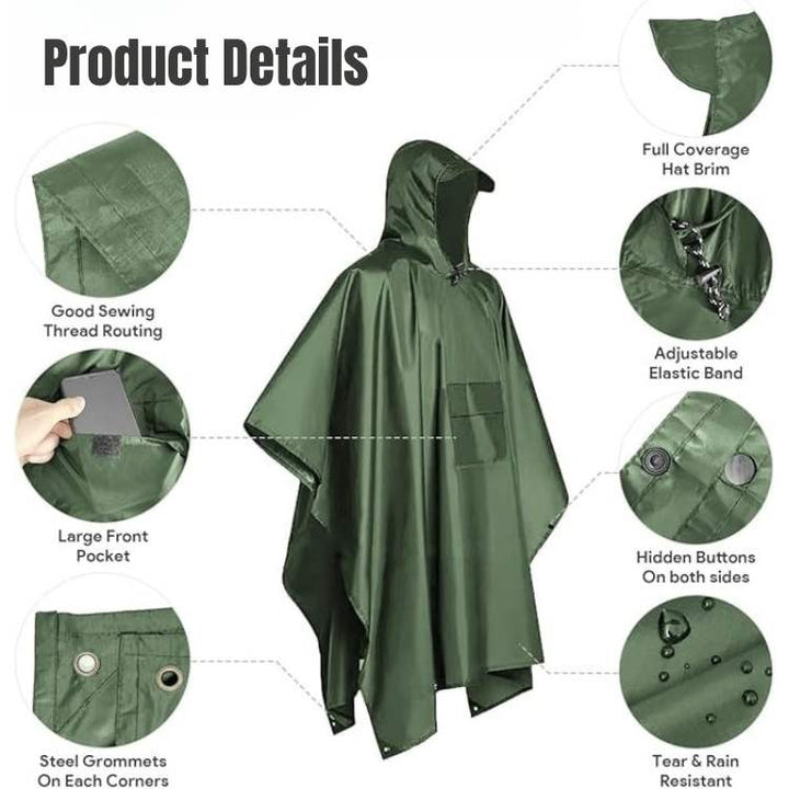 Unisex poncho laid flat, showcasing its wide cut and design for maximum coverage in rain.