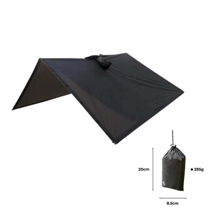 Trekking poncho with a backpack worn underneath, illustrating its compatibility for hiking and camping.